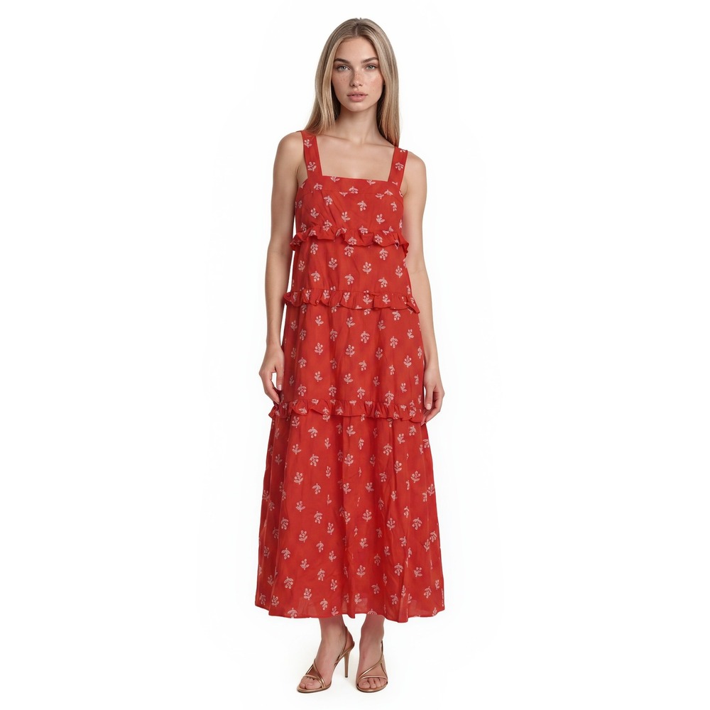 NWT CeCe Floral Party 100% Cotton Maxi Dress Women's Size 6 Poppy Red Ruffle